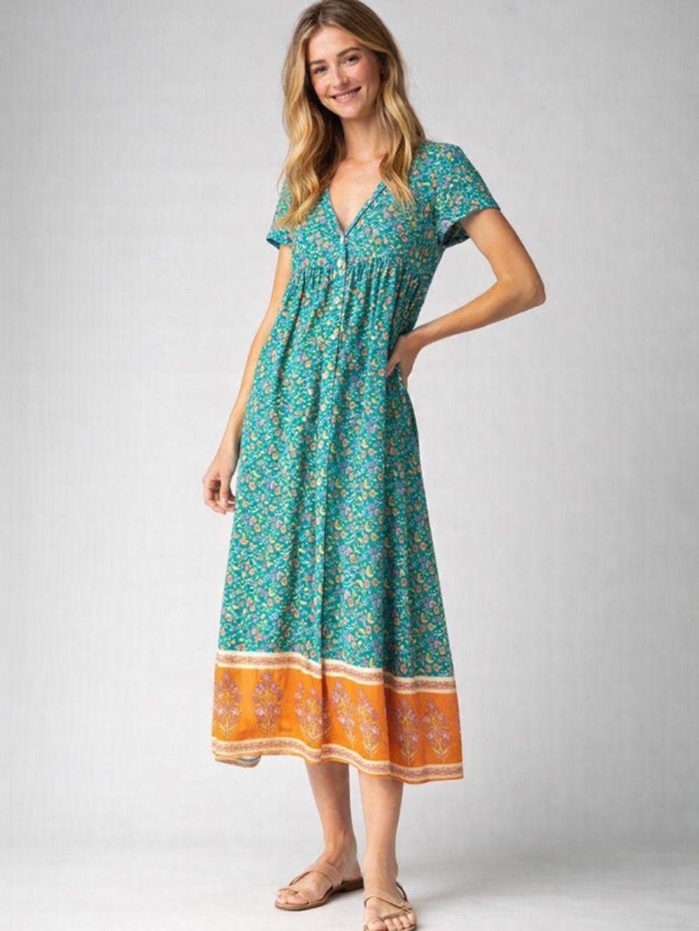 Natural Life Avery Midi Dress XS/S Green Floral Boho Cottagecore Button Front